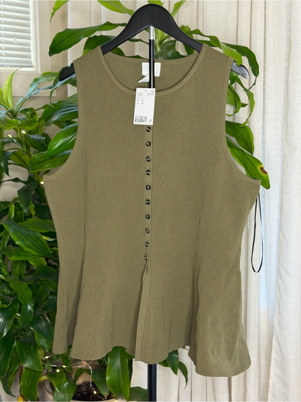 H&M Olive Green Ribbed Peplum Button Front Top XL NWT